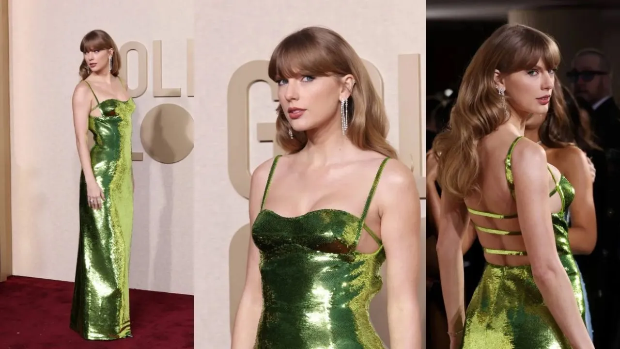 Taylor Swift Shines Solo on the 2024 Golden Globes Red Carpet: A Showstopper in Green Gucci.